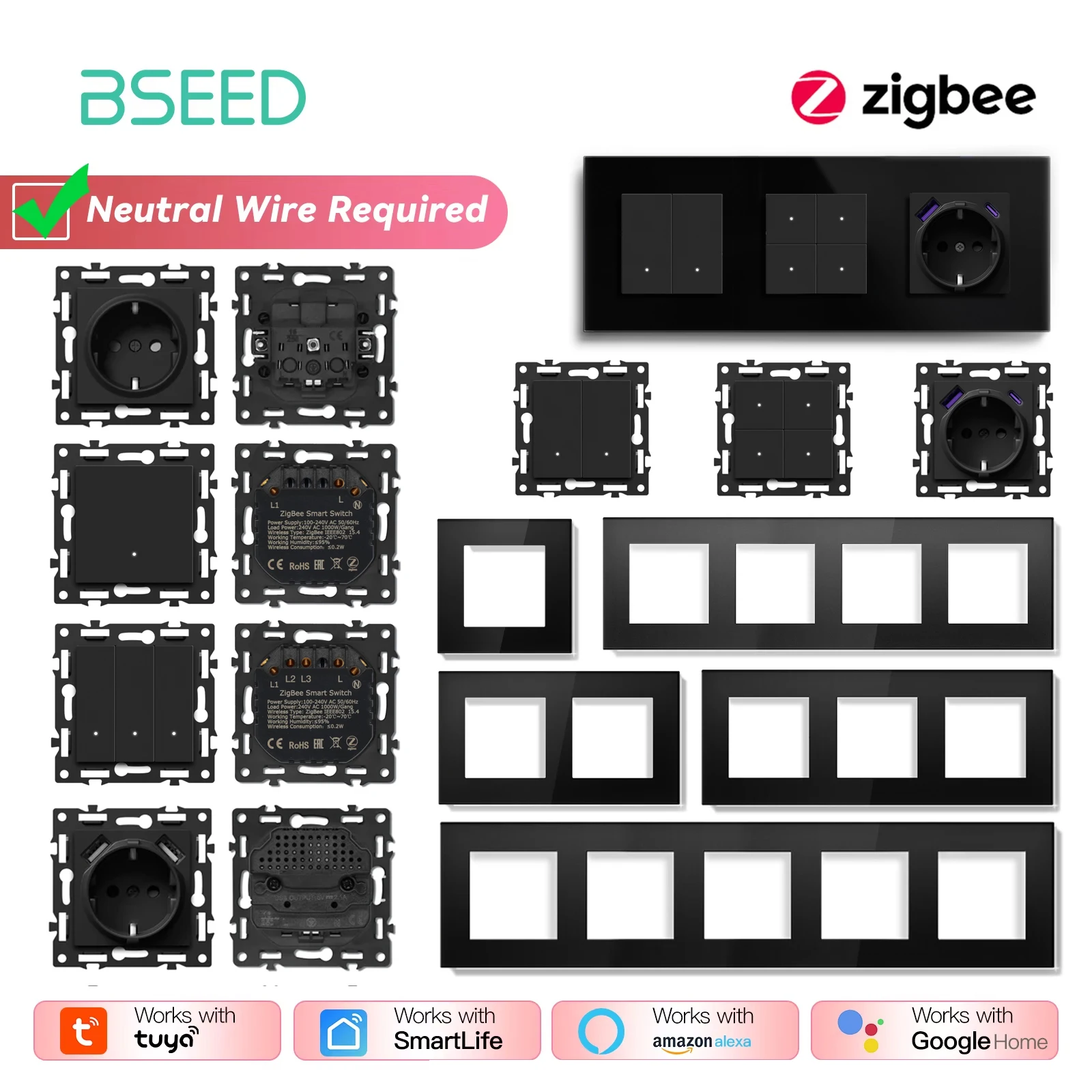 BSEED Zigbee Switch Modules Smart Click Light Switch Parts Black Glass Frame DIY Combination Wall Sockets USB Port E-Series