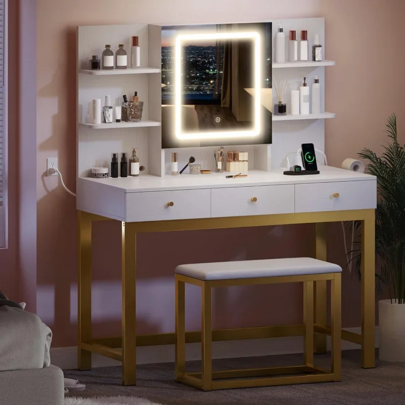 39.5 W Vanity Desk Set,Makeup Table Adjustable 3 Lights Modes, Vanity Table with Stool and Hidden Storage Shelves,for Girls Gift