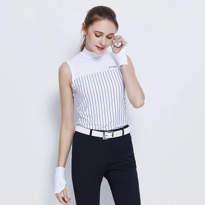 Women Tops Women Golf Polo Shirt Summer High Elastic Sports T-shirt Slim Ice Silk Sleeveless Top Stripe Half High Neck