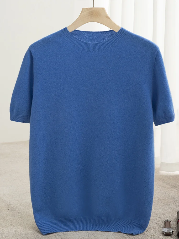 Men Classical T-shirt 100% Merino Wool Sweater O-neck Short Sleeve Pullover Smart Casual Basic Clothing Cashmere Knitwear Tops