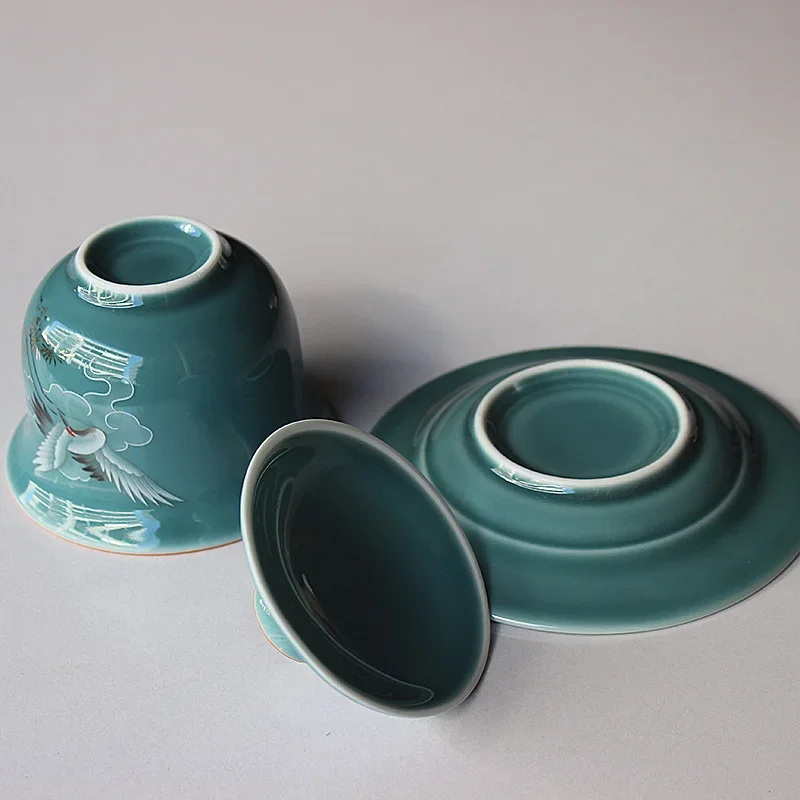 Sancai Gaiwan Ceramic Large Cover Bowl Tribute Tea Bowl Kung Fu Tea Set Glazed Blue Crane Tureen
