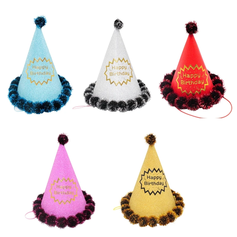 Birthday Cone Hats Party Cone Hats Pompoms Party Birthday Hat with Pom Poms Elastic Cord