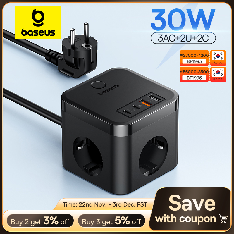 Baseus 30W Charger Fast Power Strip 3AC Outlet Desktop Charging Station With Surge Lightning Protection For iPhone 16 15 Tablets
