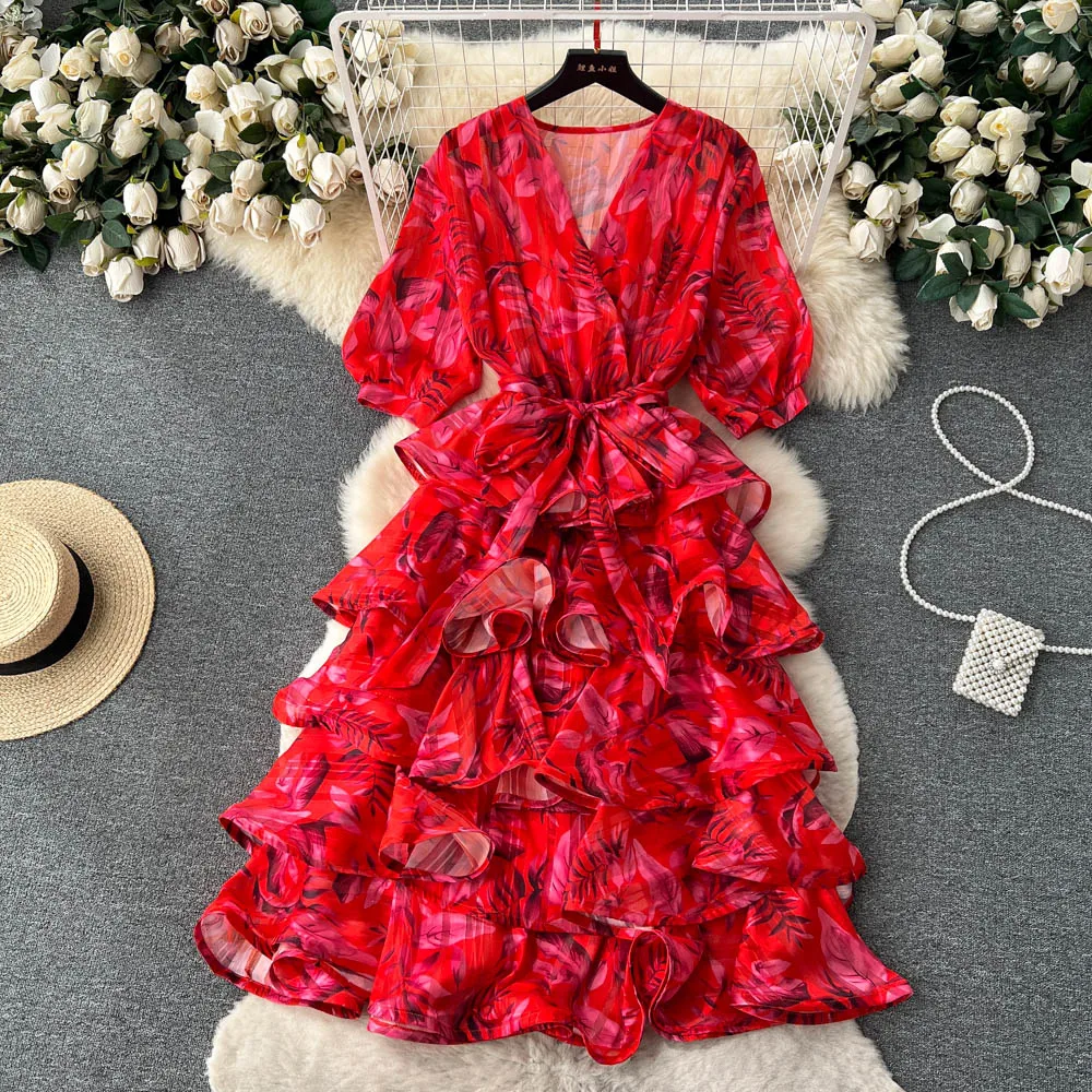 

Vintage Pleated V-neck High Waist Dress Lantern Sleeve Bow Gown Dress Chic Summer Beach Vestidos Women Vacation Sundress