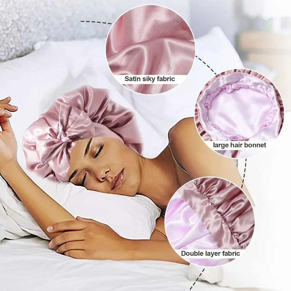 Double-layer Satin Sleep Cap Fashion Adjustable Stretchy Tie Band Silky Satin Bonnet Curly Hair Elastic Hair Cap Sleeping 2