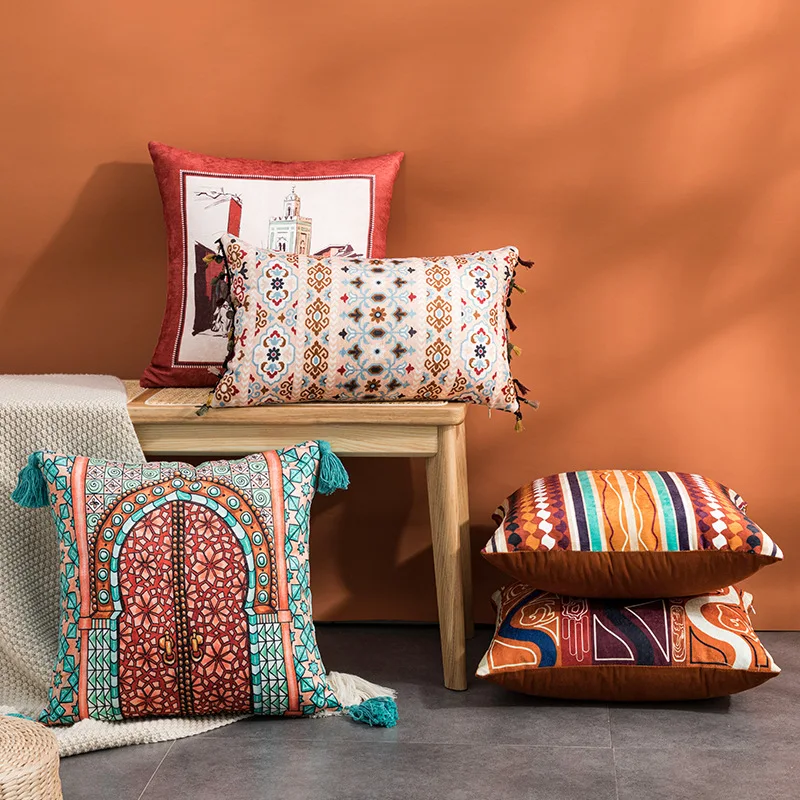 

India Cushion Cover 45*45cm Orange Geometric Printing Warm Throw Pillows Case with Tassels Decorative Pillows for Luxury Sofa