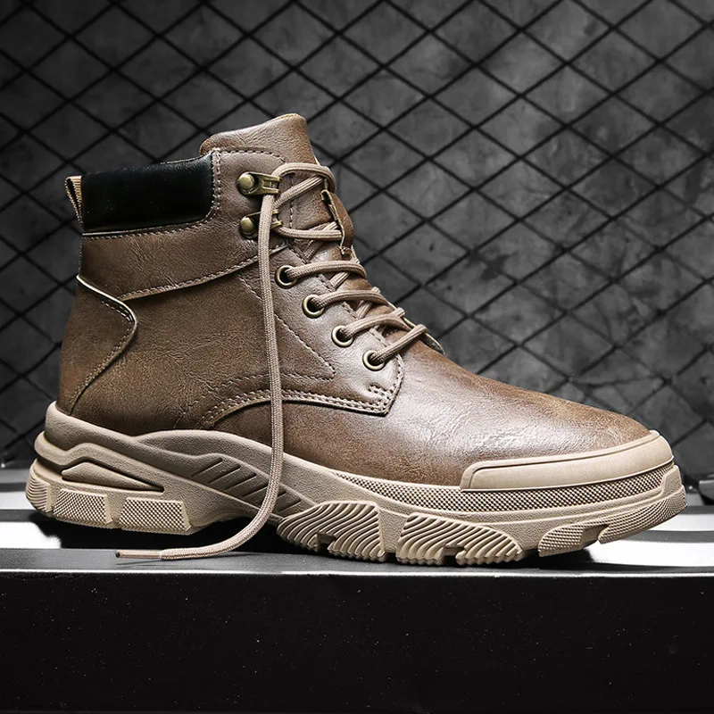 

Pop Martens Boots Men Casual Leather Booties Autumn Quality High Top Working Shoes Male Platform Ankle Boots Zapatos De Hombre