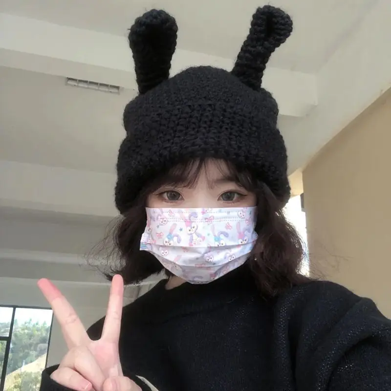 

Забавная шапка ручной работы, женские осенне-зимние шапки, шерстяная шапка в Корейском стиле Ins с милыми кроличьими ушками, зимняя шапка