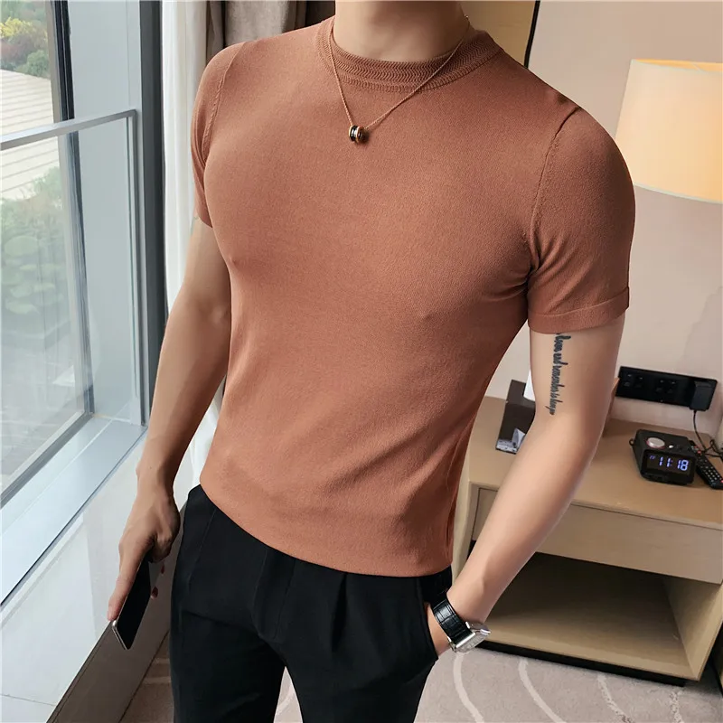 Multi Colors Plus Size Round Collar Slim Fit Short Sleeve Knitted Striped T-Shirt Men Clothing Casual Stretched Tee Shirt Homme plus size 5xl m british style solid long sleeve shirt men clothing simple slim fit business casual chemise homme formal wear hot