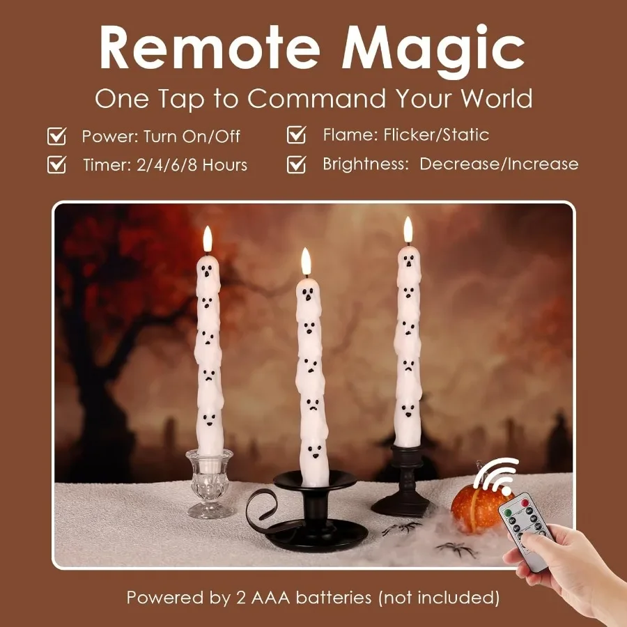 Halloween Flameless Taper Candles with Remote Control for Spooky Atmosphere: Battery Operated Flickering LED Candlesticks Set o