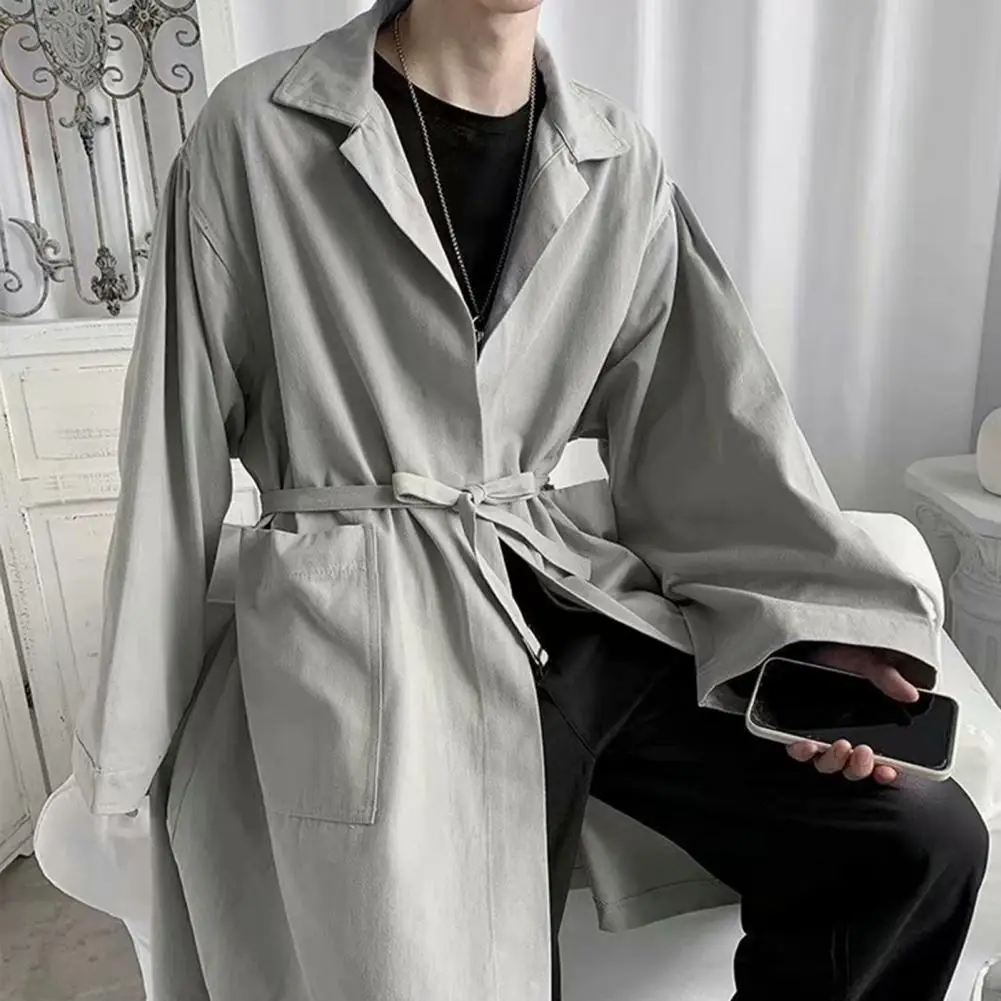Men's Long Trench Coat Lapel Men Trench Coat Breathable Windbreaker Thin Solid Color Men's for Spring Autumn