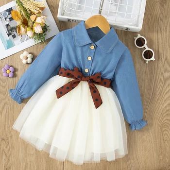 Spring Long Sleeved Dress Girl Denim Blue Dress Fake Two Pieces Tutu Dress For Kids Send Bow Belt 1