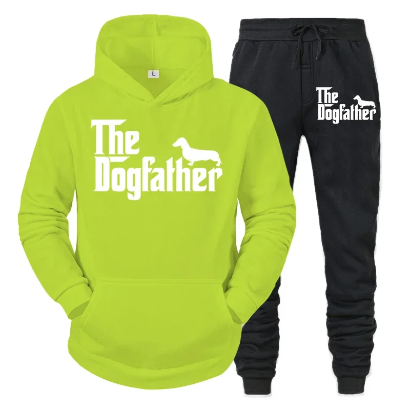 thumbnail image 1 of Conjunto de dos piezas "El Dogfather" Divertido chándal casual para amantes de los perros salchichas para hombre Otoño Conjunto de ropa deportiva holgada con capucha estilo hip hop con animales, 1 of 4