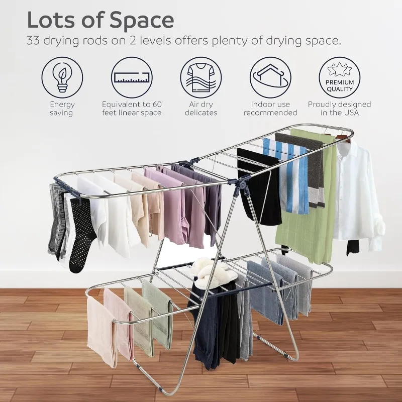 Clothes Drying Rack Foldable - 2 Level Stainless Steel Laundry Drying Rack with Height-Adjustable Wings, 33 Drying Rails 3