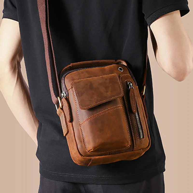 

AETOO Retro men's one shoulder crossbody bag Crazy horse cowhide mobile phone satchel outdoor leather vertical small bag