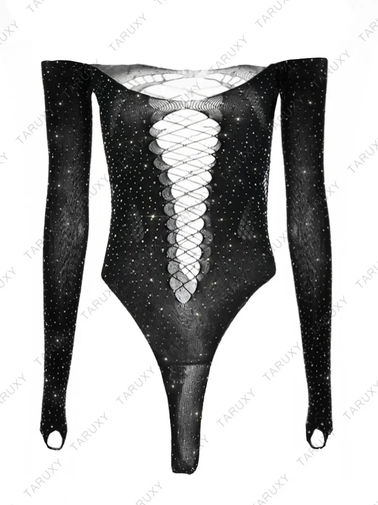 Hollow Out Lace Hot Bodysuit Top Lingerie For Women Mesh See-through Long Sleeve Body Tops Female Nightclub Bodysuits
