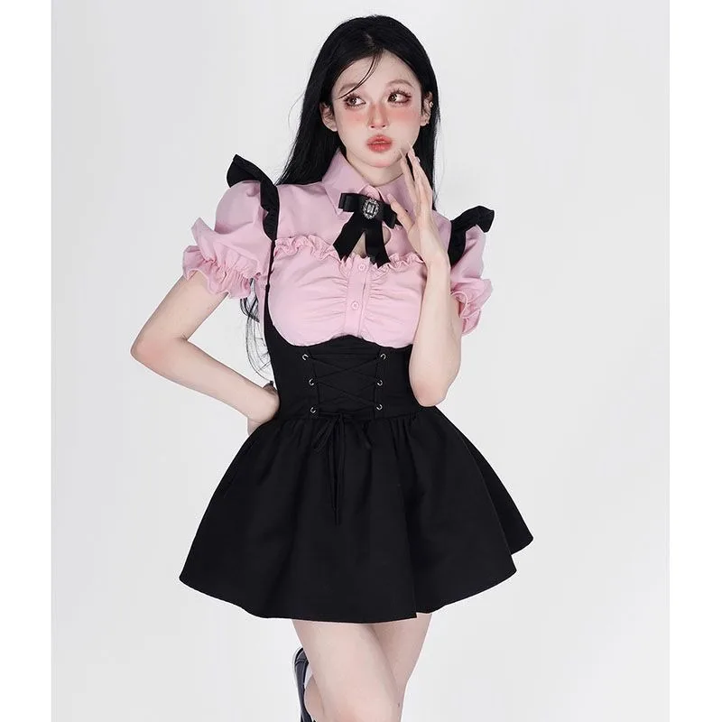 

Spicy Girl Bubble Sleeves Shirt Straps Fluffy Skirt Two Piece Set Lady Fashion Bow Hollow Flounce Academy Solid Slim Summer Suit