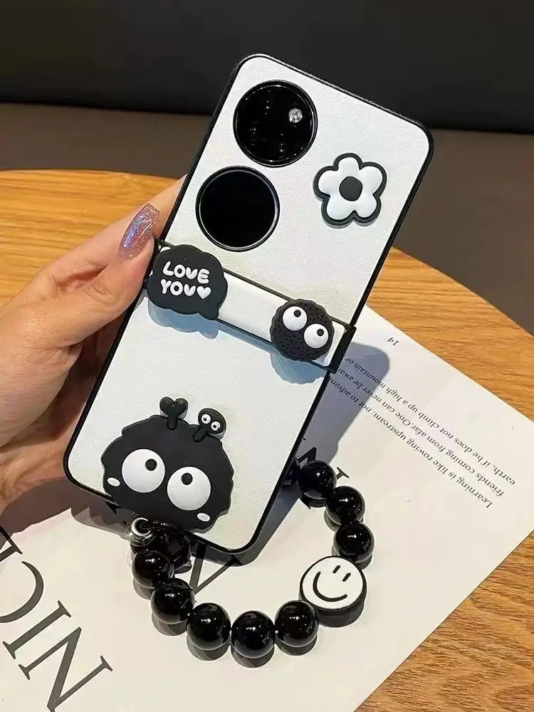 Capa de celular coreana Kawaii com contas de bola de carvão e flor para Huawei P50 Pocket P50Pocket Pocket 2 Pocket2 Cover Funda_voghion.com