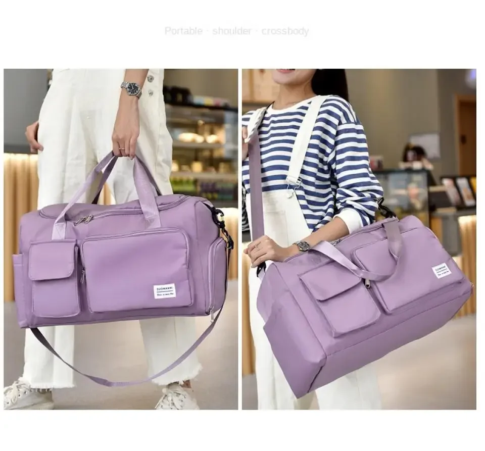 Weekender bag showing zipper closure and nylon material.