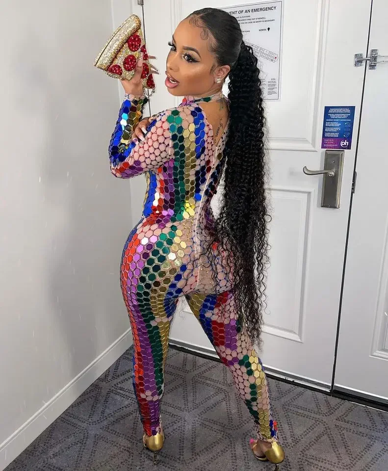 Stage Outfit Mirror Rhinestones Transparent Jumpsuit Long Sleeve Birthday Prom Party Dress  Dancer Show Outfit Stage Wear