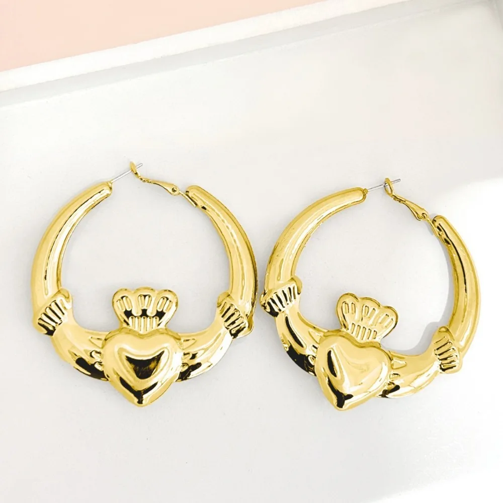 Big Chunky Claddagh Hoop Earrings for Women Crown Heart Design Lovely Statement Jewelry Gift for Valentine's Day 3