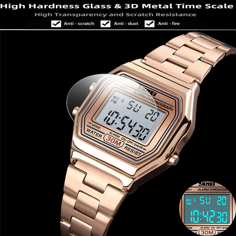 Skmei Women's Digital Sports Waterproof Bracelet Watch Luxury Stainless Steel Strap Shock Resistant Led Chronograph Alarm Clock women watches electronic watch