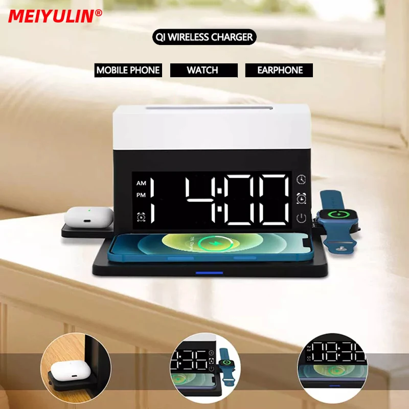 15W Wireless Charger Stand 6 in 1 Clock Alarm LED Desk Lamp for iPhone