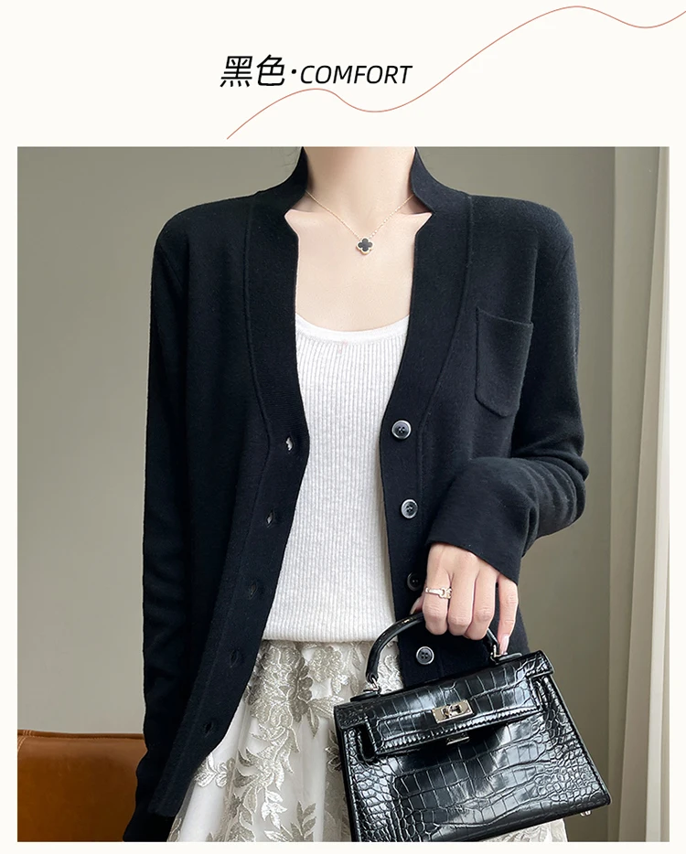 Damen-Cardigan mit V-Ausschnitt, langen Ärmeln, Kammgarn, 100 % Wolle, Frühling und Herbst, neue lockere Strickjacke mit Tasche, einreihig – Detail 19