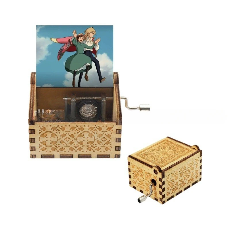 Wooden laser engraving music box Hal's castle gift peripheral children's birthday gift hand crank music box 5