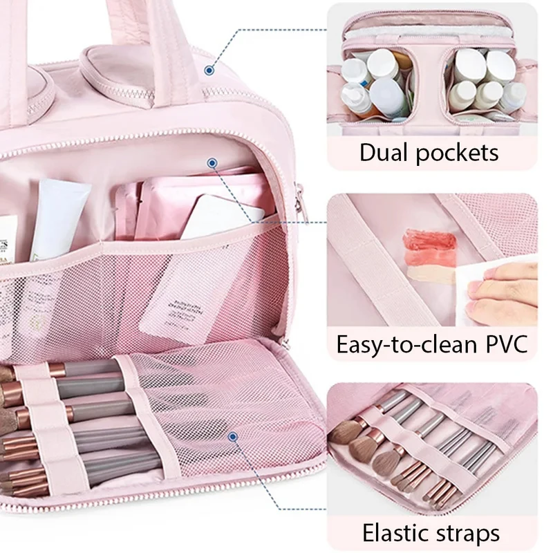 Large Travel Makeup Bag 180° Wide Opening Toiletry Organizer Water-Resistant Padded Cosmetic Case With Handle For_voghion.com