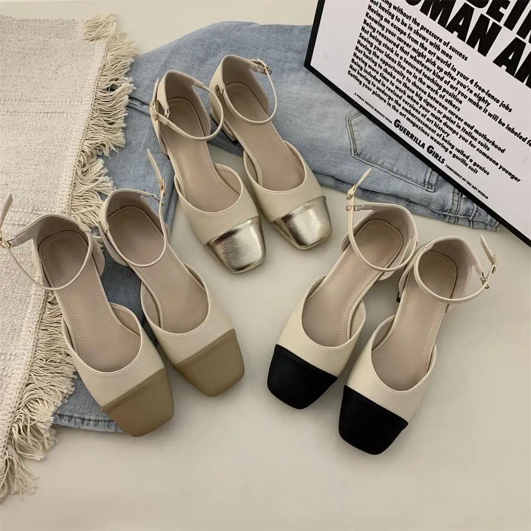 

New Women Mid Heels Shoes Fashion Square Toe Shallow Ladies Mary Jane Ballerinas Flat Heel Casual Ballet Shoes