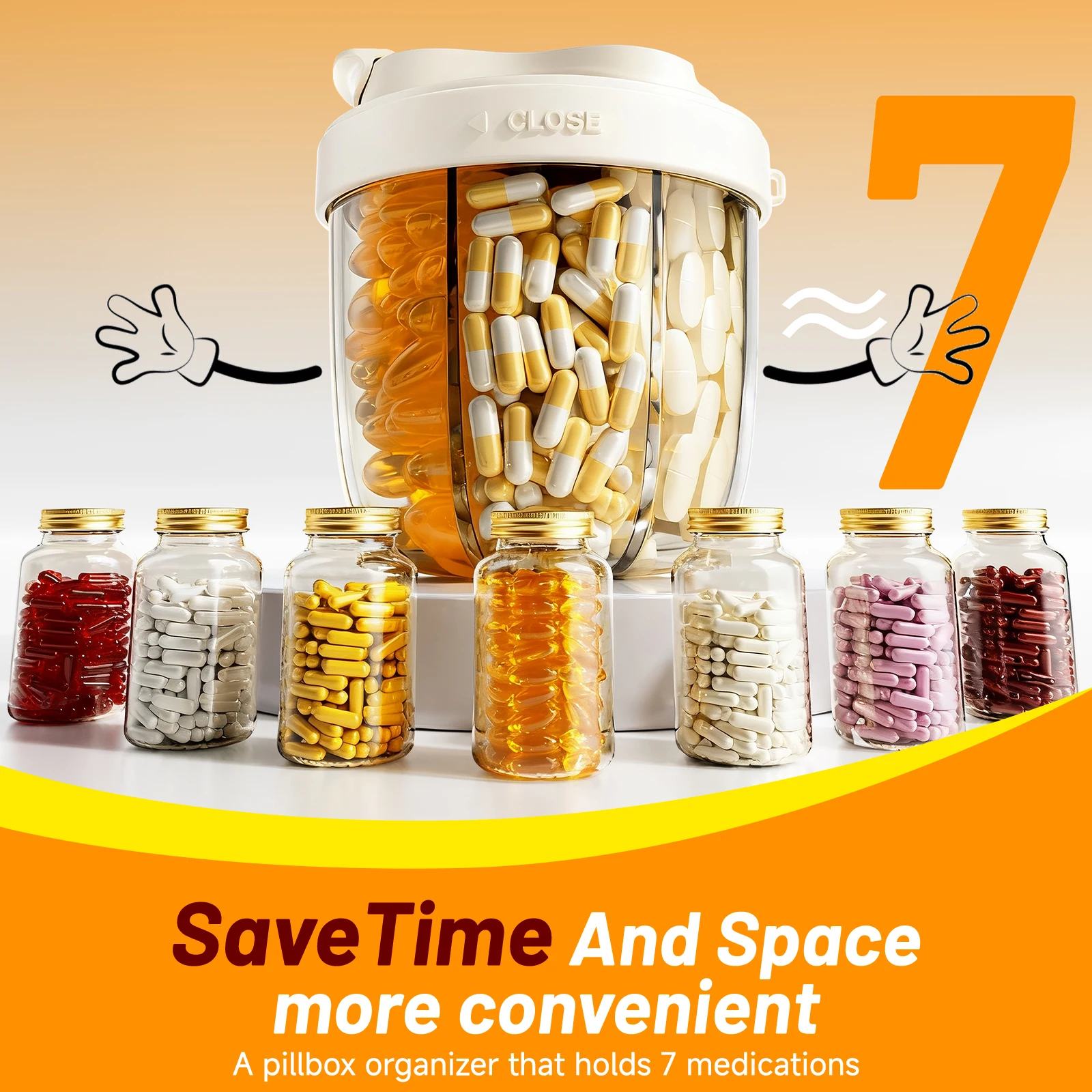 Cute Weekly/7-Compartment Pill Cup Bottle Organizer Travel Pill Case with Anti-Mix Design 20 Label Portable Supplement Container