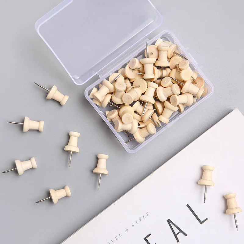 

50pcs/box Wooden Clips Push Pins, Wall Wood Boards Maps Calendars Photos Thumbtacks School Office Supplies Stationery