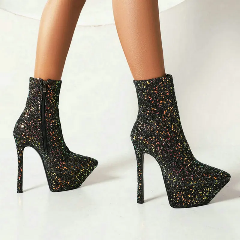 

2022 Women Ankle Boots Fashion Pointed Toe Thin High Heel Ladies Short Boots Faux Leather Bling Zipper Dress Women's Boots