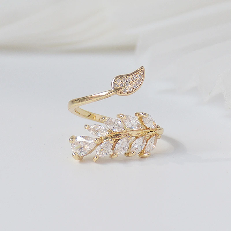 14K Real Gold Full CZ Leave Ring for Women Adjustable Open design AAA Zircon Delicate Daily Jewelry Pendant 5