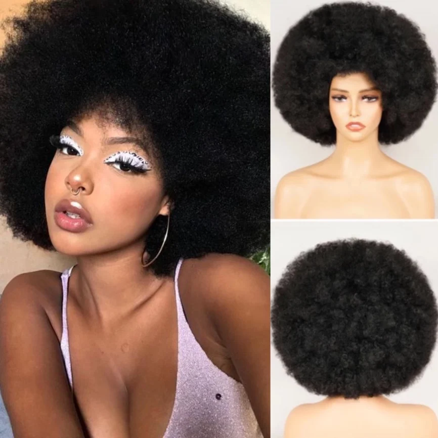 Afro Kinky Curly Wig Short Fluffy Hair With Bangs Deep Brown Wig For Black Woman African Synthetic Party Cosplay Wigs Perruque