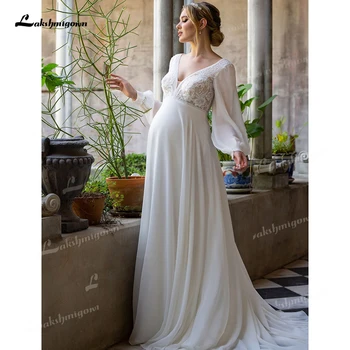 Graceful V-Neck Maternity Wedding Dress 2026 Long Sleeve Maternity Wedding Gown Lace up Bridal Gown Maternity Dress Customized 1
