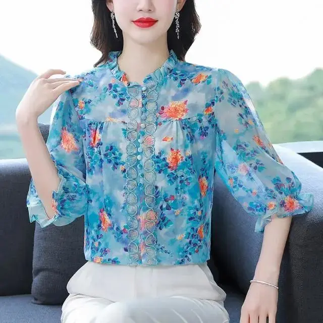 Summer New KoreanThin Heavy Industry Printed Shirt Lantern Sleeve Bottoming Blouse Half Sleeve Shirt for Women's Tops