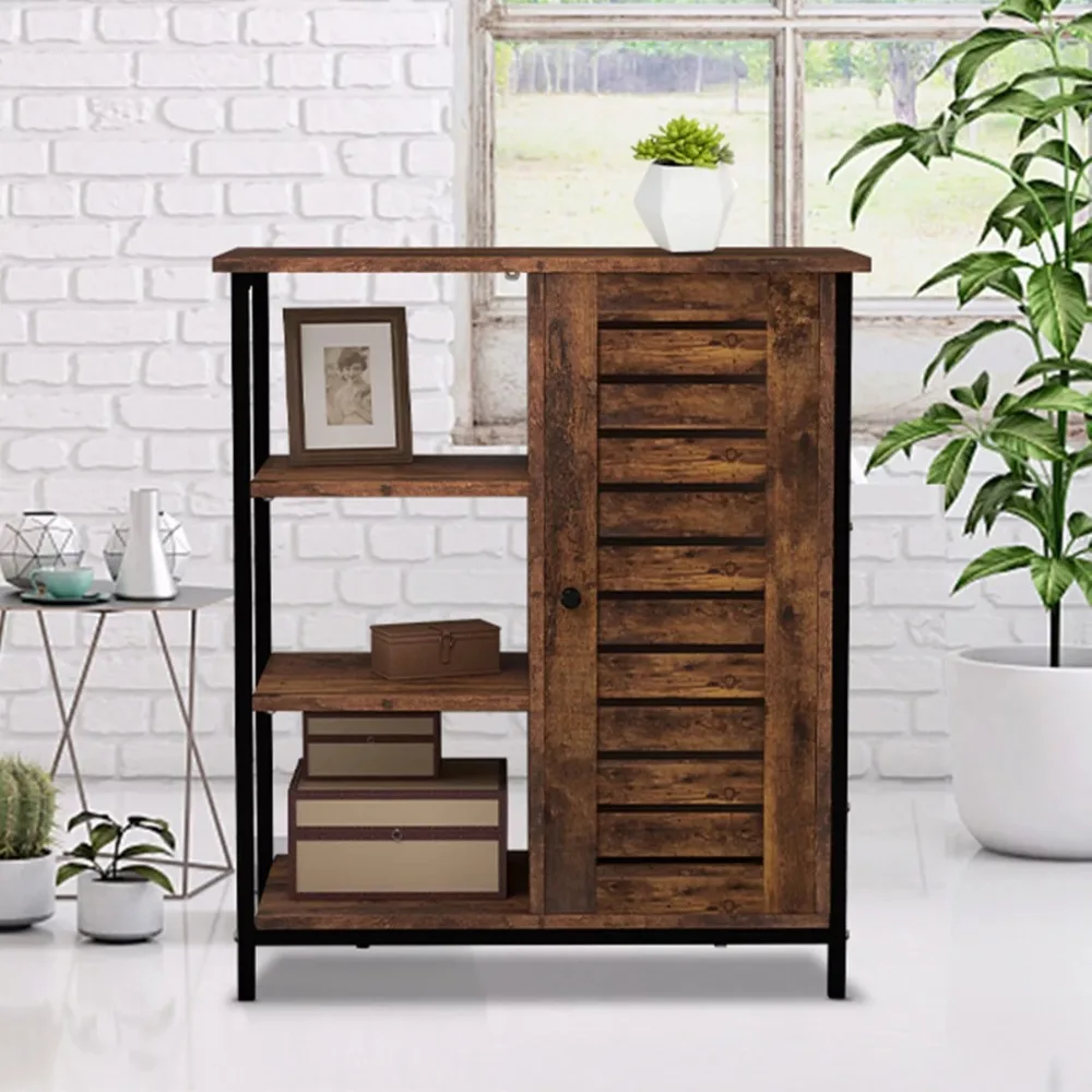 

Floor Storage Cabinet with 3 Open Shelves and Door, Free Standing Organizer, Sideboard for Living Room, Brown