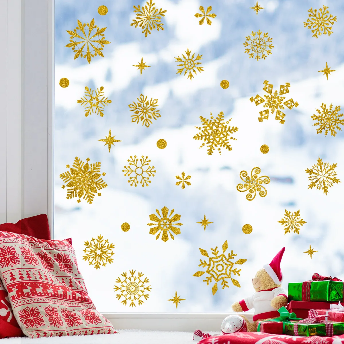 3pcs Glitter Snowflake Stickers Golden Silvery Glitter Patterns for DIY Winter Celebration Decorations Holiday Gift Packaging