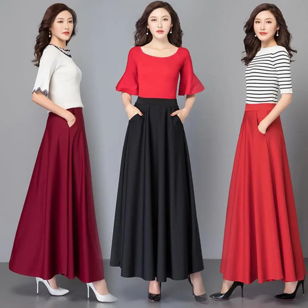 

Elegant Women Maxi Skirt High Waist Tummy Control A-line Loose Hem Pockets Solid Color Ankle Length Lady Dating Party Skirt 2024