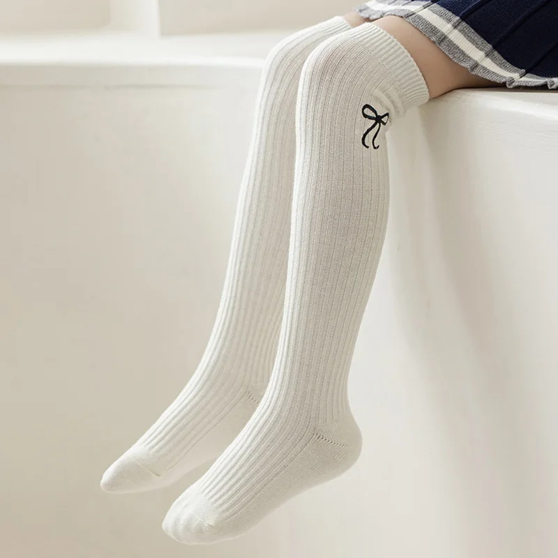 Spring Autumn JK Lolita Kids Girls Legging Stocking Simplicity Sweet Embroidery Bow Knee High Long Sock Soft Cotton School Socks