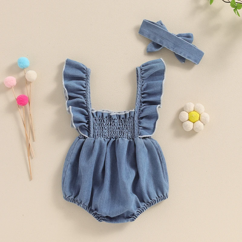 Pudcoco 여아용 데님 롬퍼 바디수트, 단색 러플 플라이 슬리브 구김,  점프수트, 여름 옷 머리띠, 0-12M
