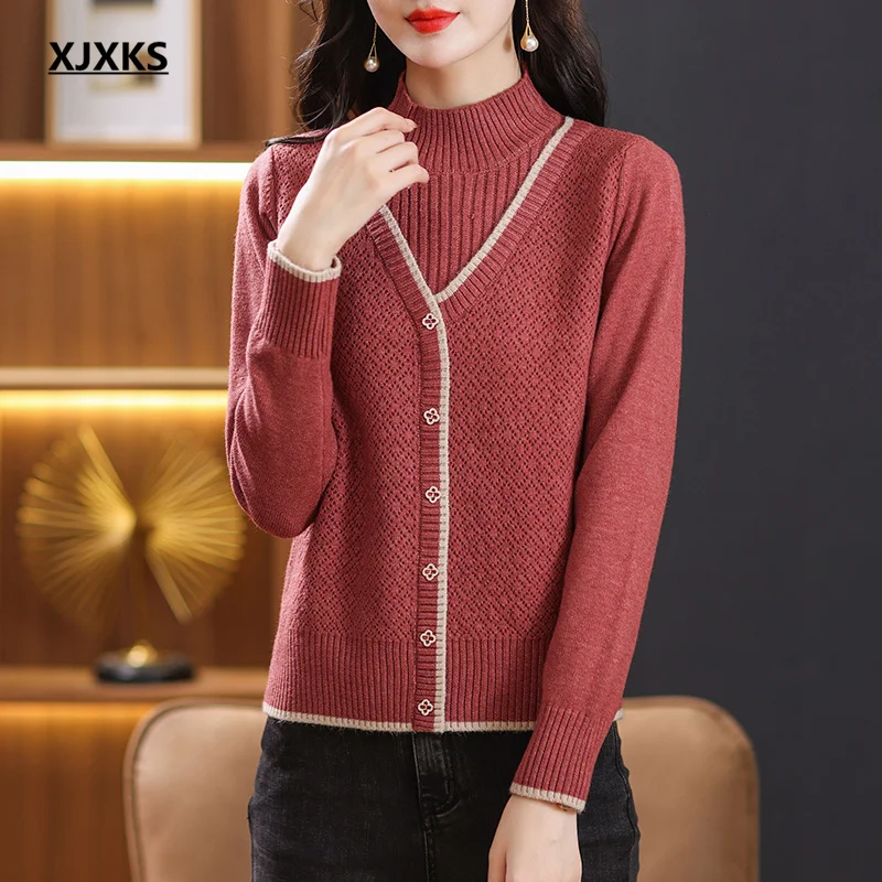 

XJXKS 2024 Winter Temperament Women's Splicing Turtleneck Sweater Fashion Fake Two-piece Pullover High-end Warm Wool Knitwears