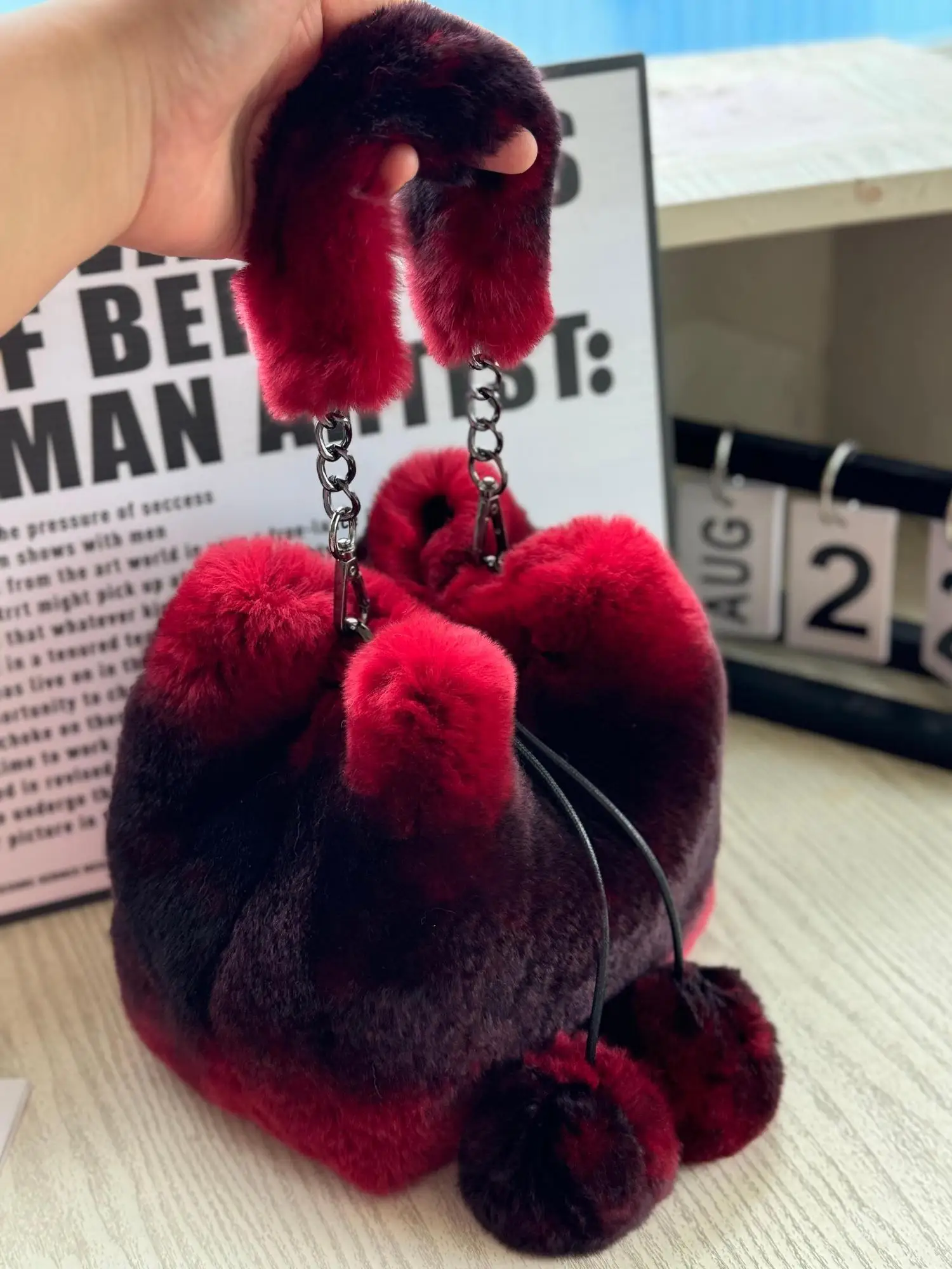 Soft Plush Minshu-Rex Rabbit Fur Women's Handbags real Fur Female Fluffy Clutch Purse Winter Fashion Furry Tote Shoulder Bags