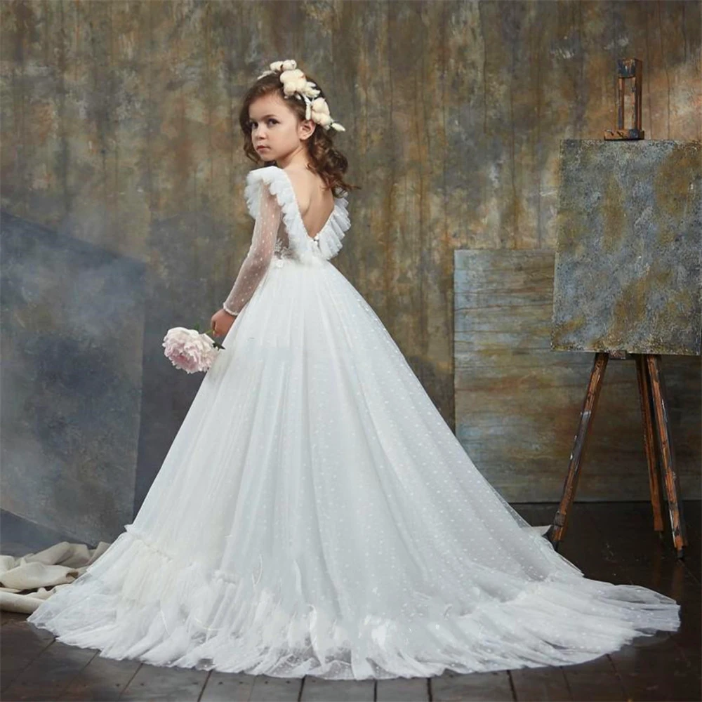 

Flower Girl Dress Princess Ball First Communion Dresses Long-sleeved Tulle Ace Printing Elegant Kids Surprise Birthday Present