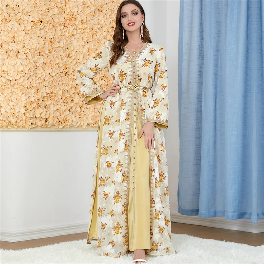 

Morocco Party Floral Print Muslim 2 Piece Set Kimono Open Abaya Maxi Dress Dubai Turkey Islam Evening Jalabiya Caftan Gown Robes