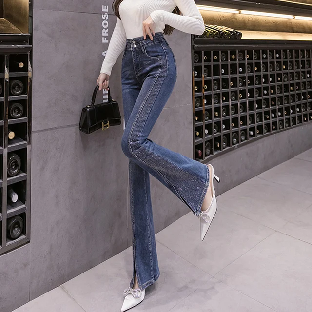 Стразы расклешенные джинсы женские с высокой талией Стрейчевые обтягивающие Лоскутные Джинсовые брюки женские модные черные брюки с вырезами 1