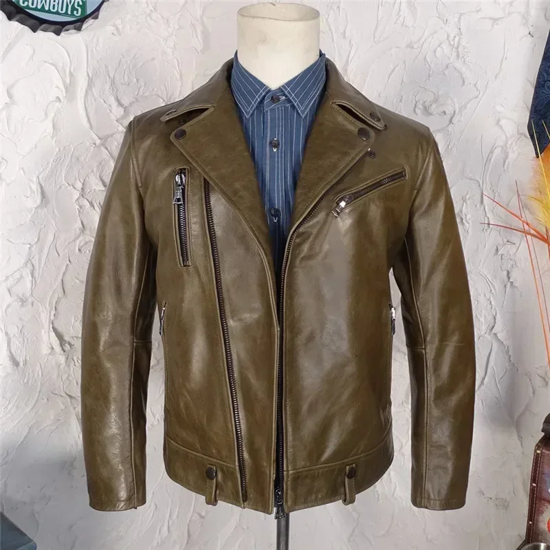 

2024 Brand New Classic Motor Biker Genuine Leather Coat Men Quality Slim Cowhide Coat.Green Leather Clothing Leather & Suede