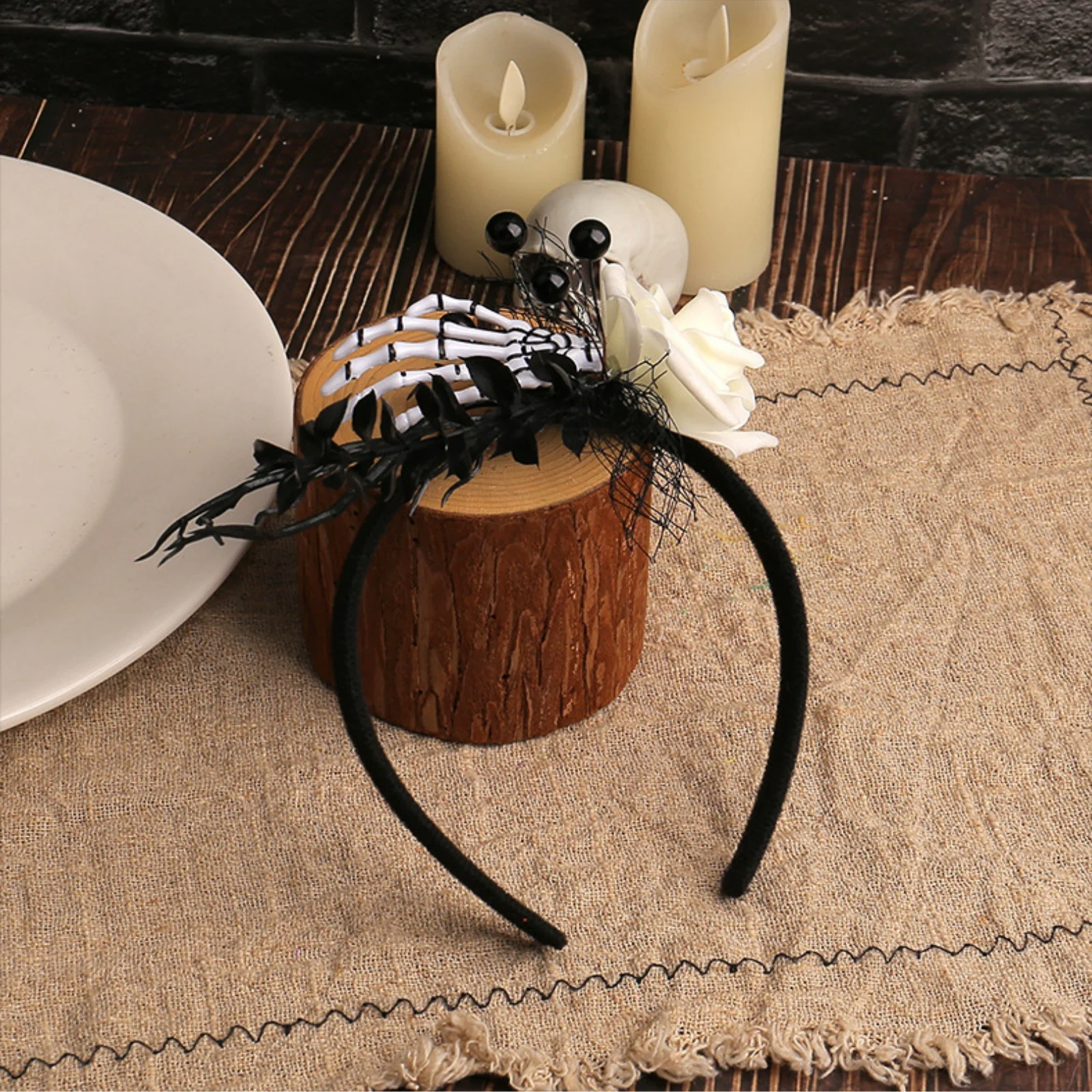 1PC Halloween Skeleton Hand Headband with White Rose & Black Web, Gothic Spooky Hair Accessory for Party Cosplay